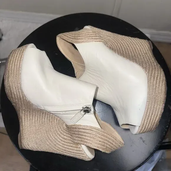 Authentic GUCCI Cream Leather Raffia Jute Wedge Heel Slingback Sandals EU 37.5